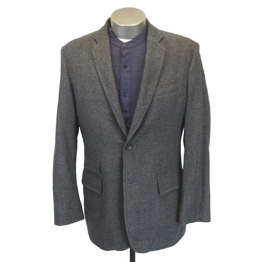 mens gray herringbone Express Tweed blazer‎ jacket sport suit coat wool Large 44